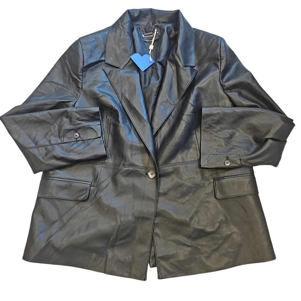 Perspective Black Faux Leather Button Front Collared Jacket Blazer sz 46 NWT